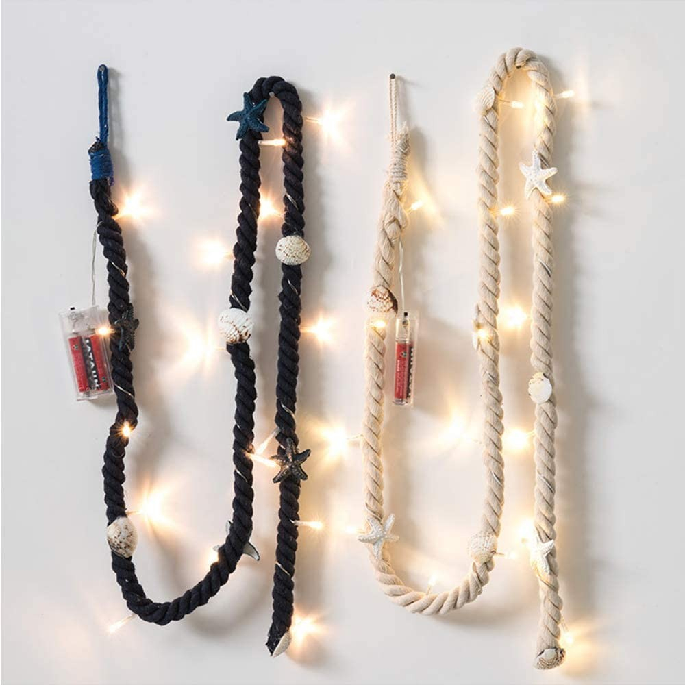 (1.5m) 15 LED's Home Deko Baumwollseil Beleuchtung Tauseil Lichterkette mit Muscheln   Seesternen (Batteriebetrieben) - Blau