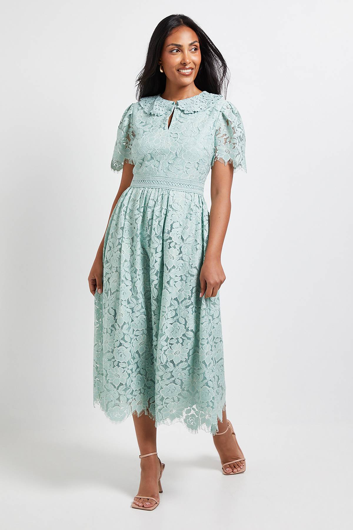 Wallis Robe Midi Boutonnée à Col en Dentelle Petite Taille