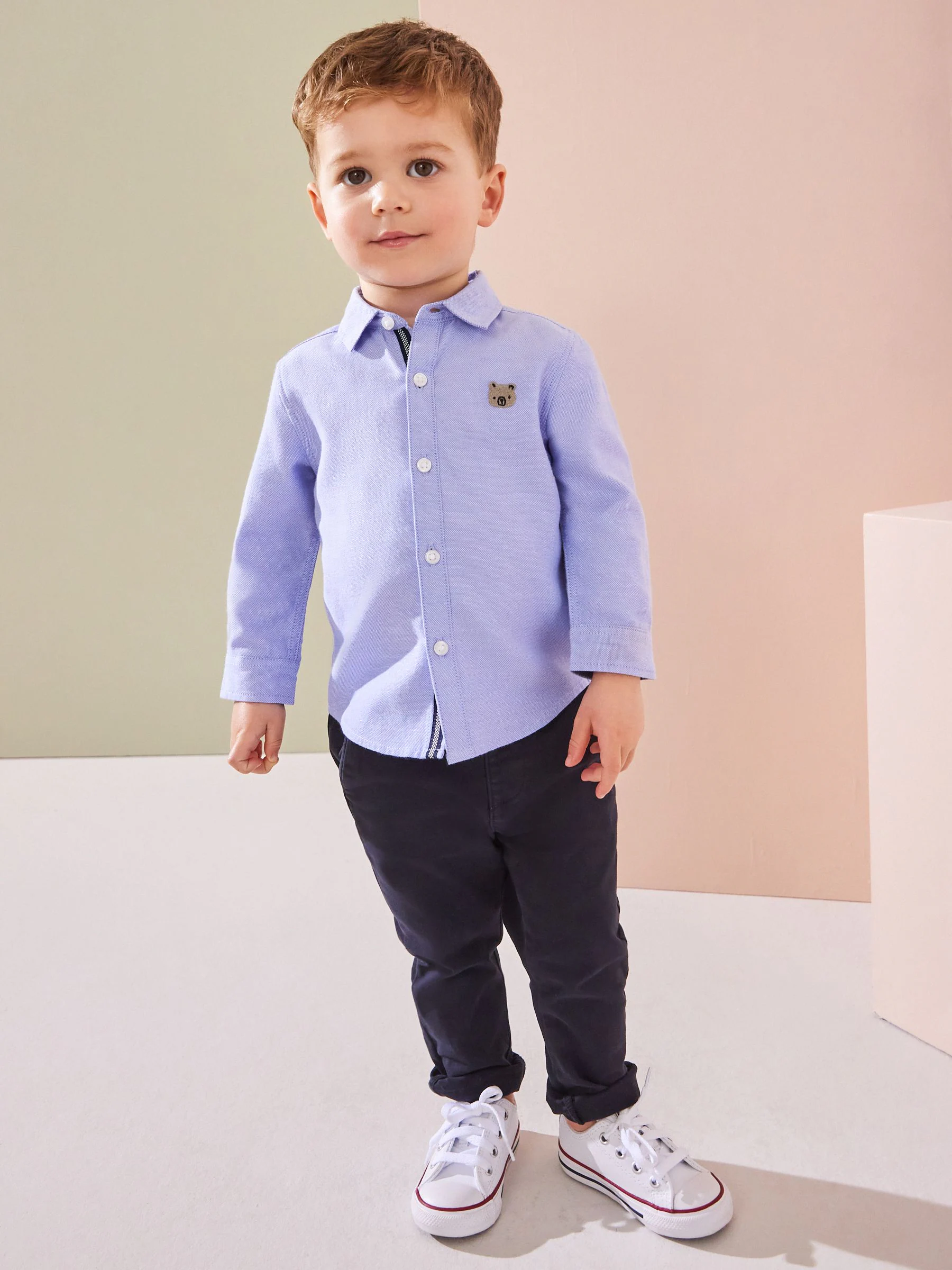 Blauw met figuurtjes - Oxford-overhemd met lange mouwen (3 mnd-7 jr)