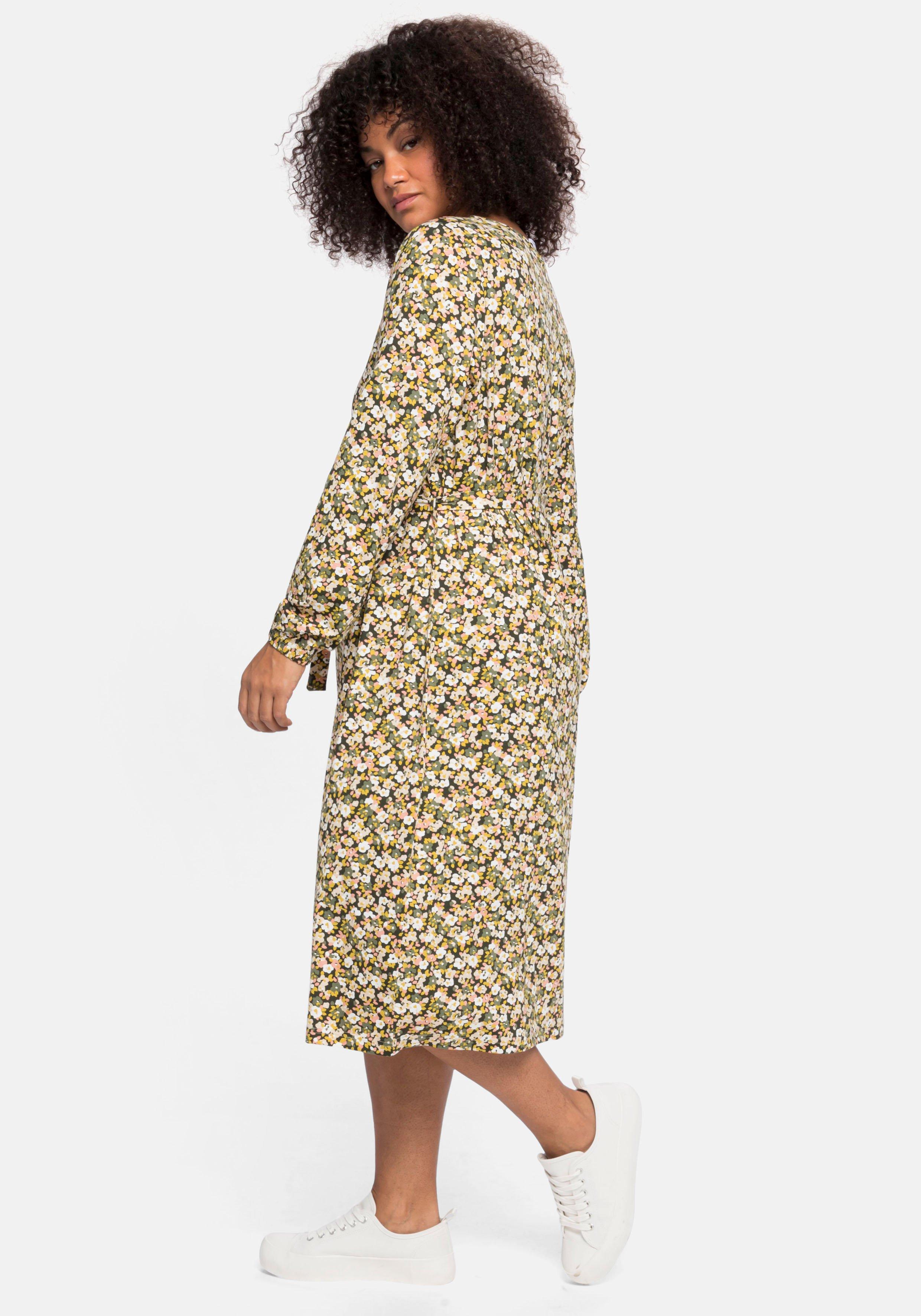 Jerseykleid mit Millefleurs-Druck und V-Ausschnitt