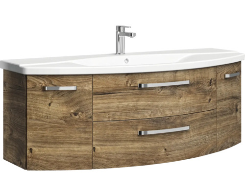 3-delige badkamermeubelset Pelipal xpressline 4010 BxHxD 144 x 200 x 49,5 cm, frontkleur eiken ribbeck, met keramische wastafel in wit en keramische wastafel, wastafelmeubel, spiegelkast met LED-verlichting, greep chroom hoogglans 4010.1400169 401014