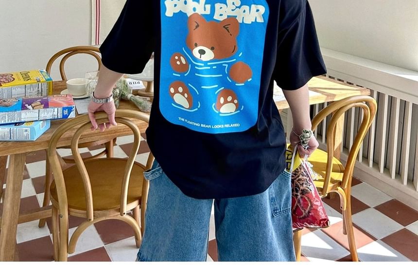 SeoulPop - T-shirt met korte mouwen en berenprint, losvallend