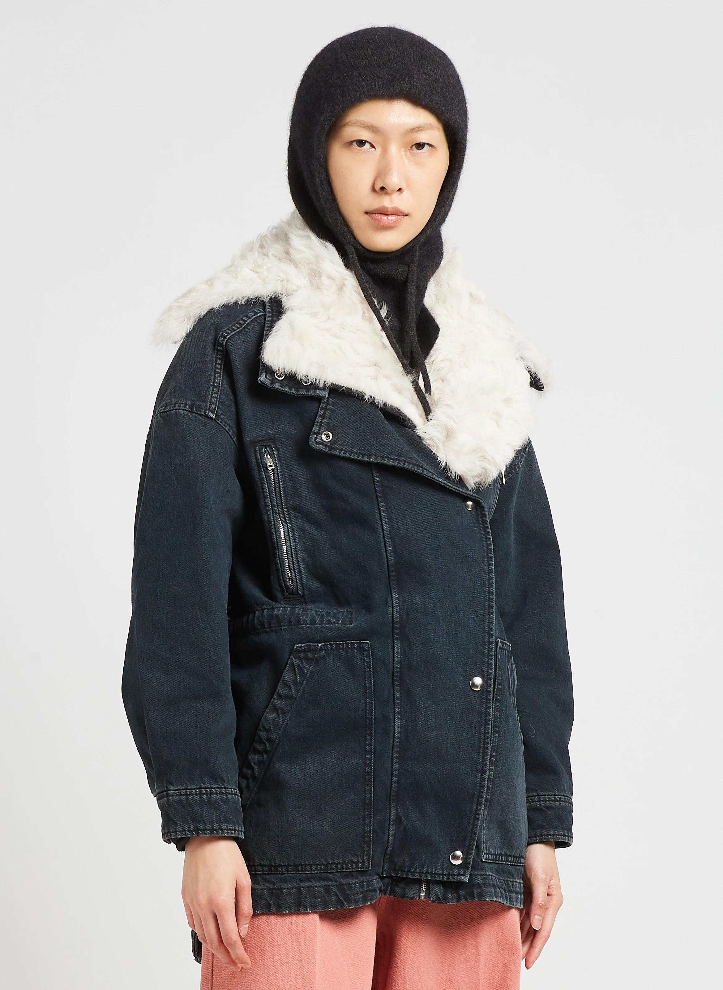 DIKAI - Blouson en jean col cranté en laine| Noir