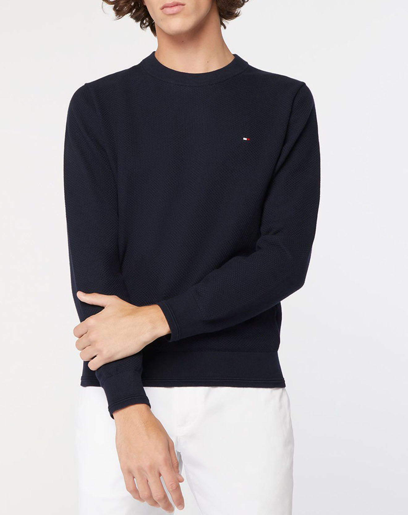Tommy Hilfiger Pull 100% Coton Bio Basket Weave Structure bleu marine