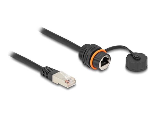Delock-kabel RJ45-plugg til RJ45-kontakt Cat.6A for installasjon med M20 gjenger og tetningshette IP68 støv- og vanntett