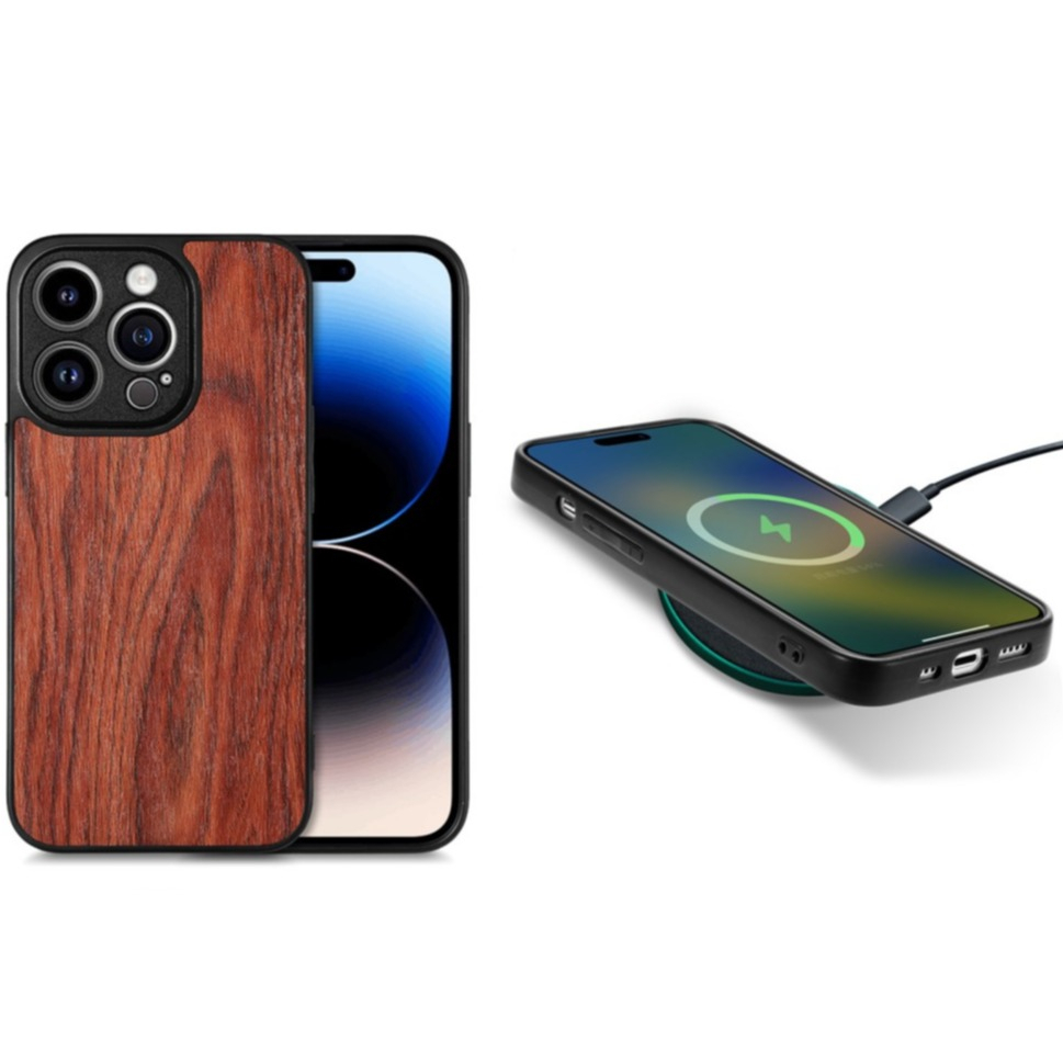 iPhone 15 Pro Max Hybrid Hardcase Hülle mit Leder Rückseite im Holz Design - Braun