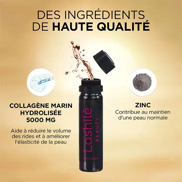 Lashilé Beauty Shots Collagen 5000 mg Ação Antienvelhecimento Colágeno Marinho tipo 1 e 3, Zinco 14 doses