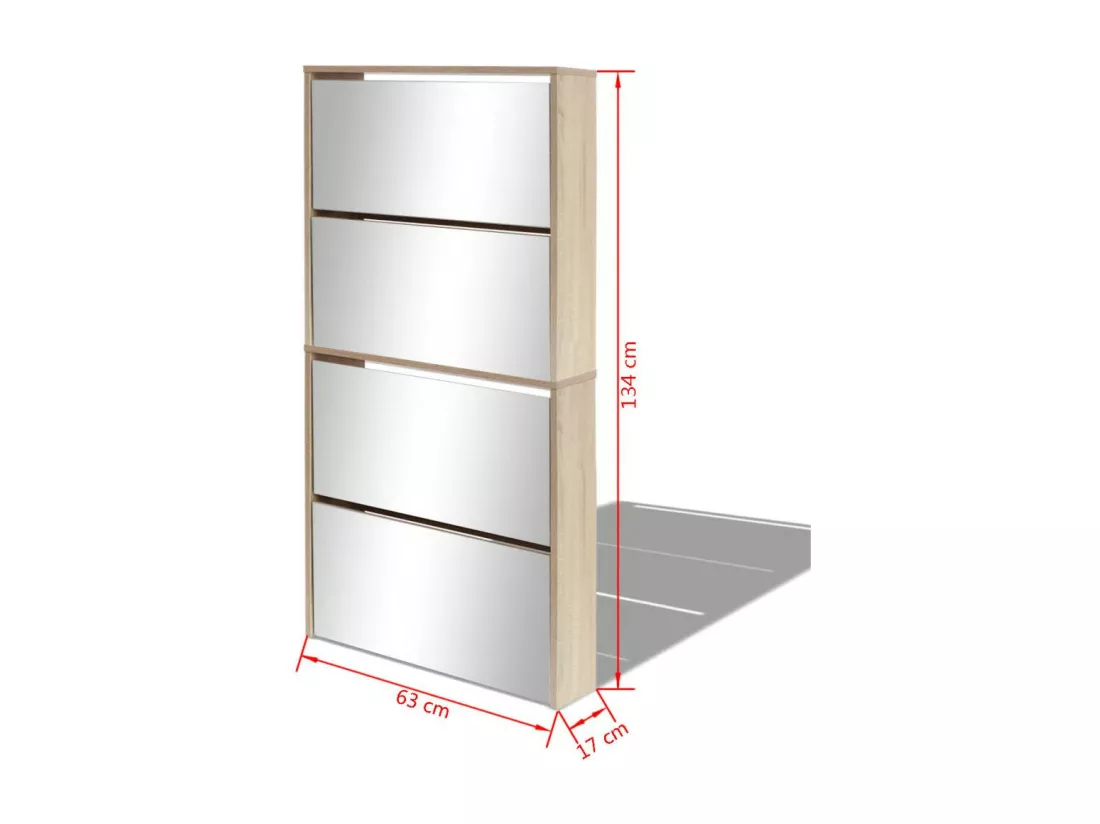Meuble à chaussures 4 étagères avec miroir 63x17x134 Chêne