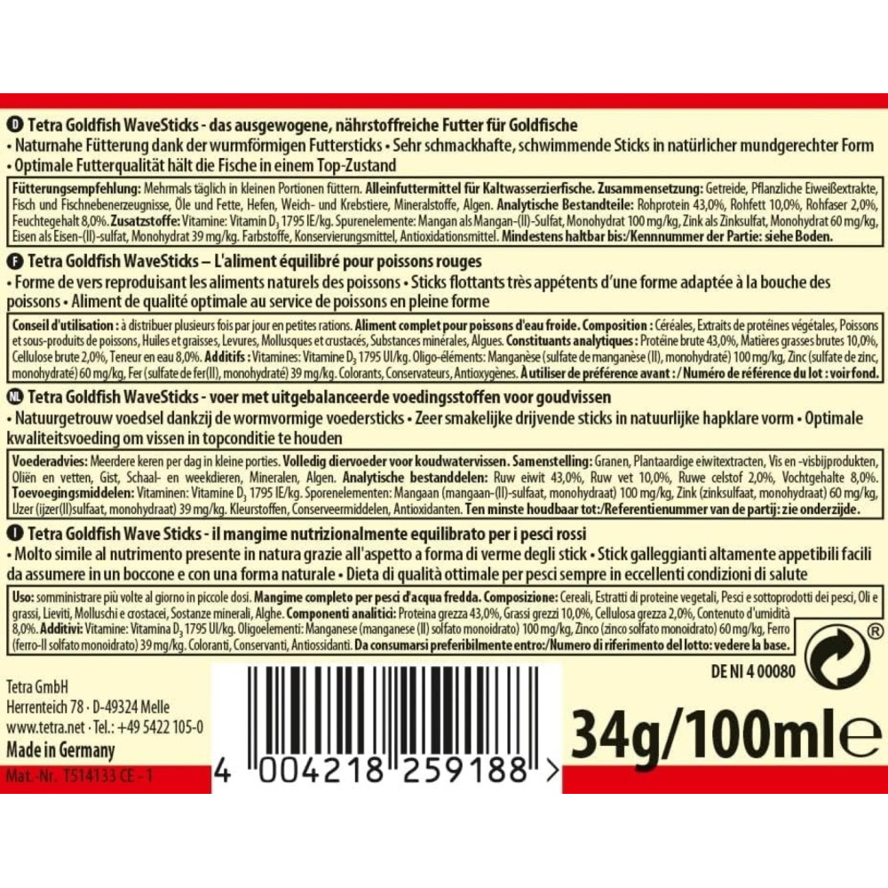 Goldfish wave sticks 34 g -100 ml aliment complet pour les poissons rouge