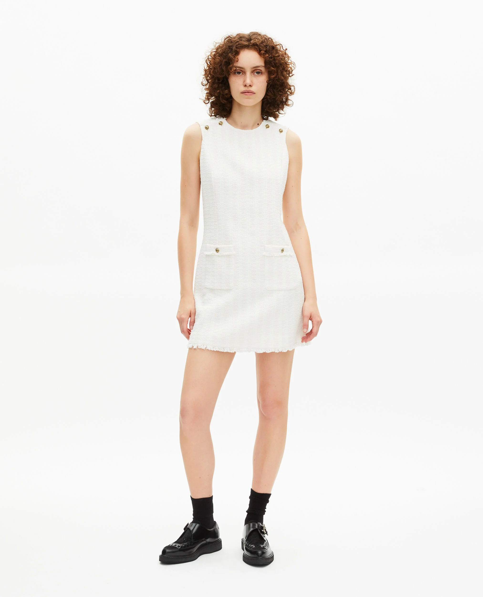 Robe courte sans manches en tweed écrue