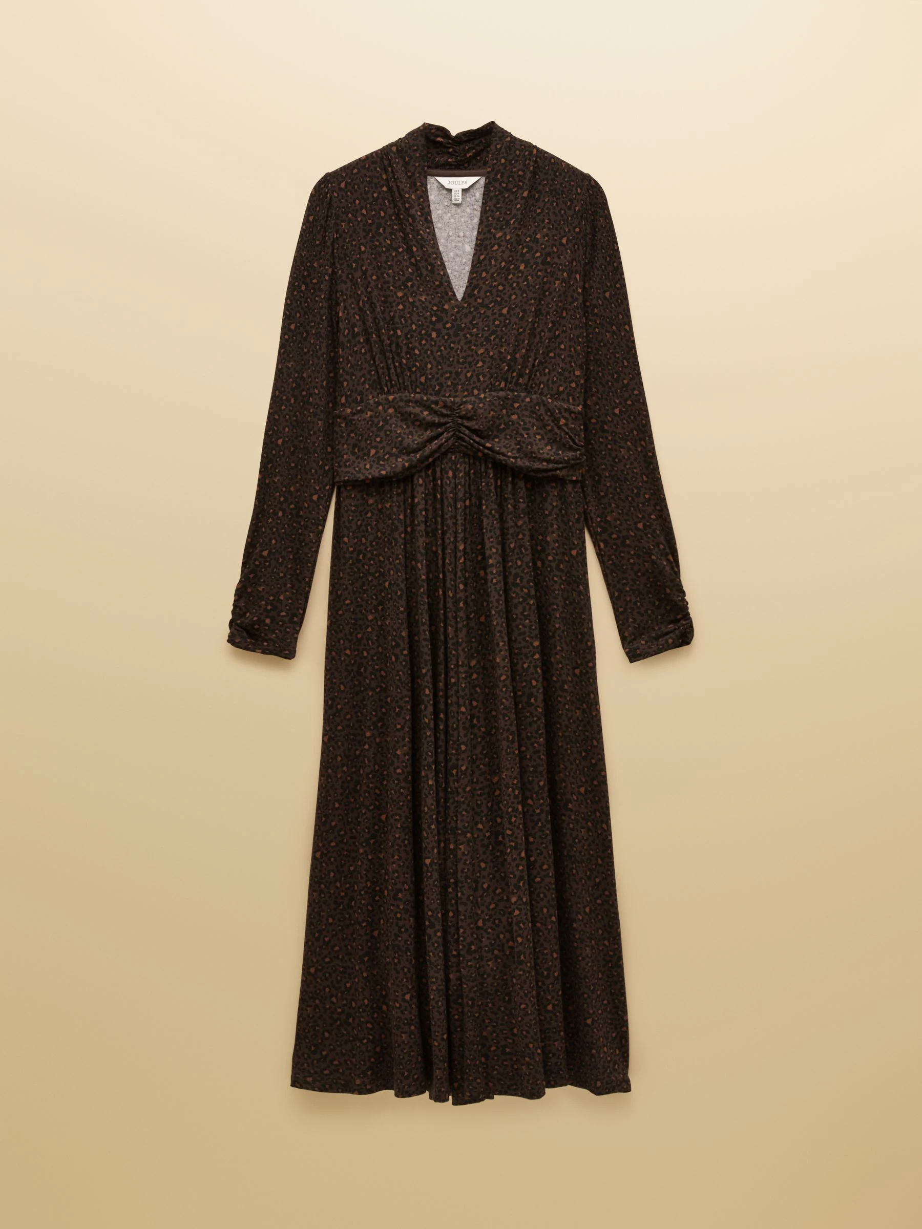 Bruin - Joules Mina Jersey midi-jurk met V-hals, gerimpelde taille en lange mouwen