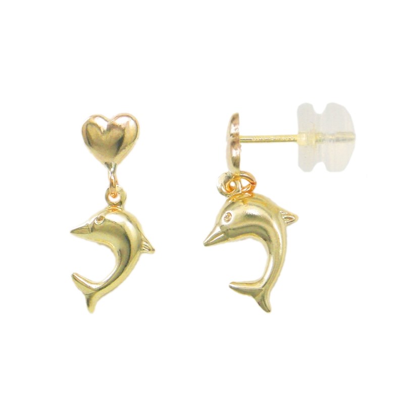 Boucles d'Oreilles Or Jaune Pendantes - Coeur et Dauphin - Femme ou Enfant
