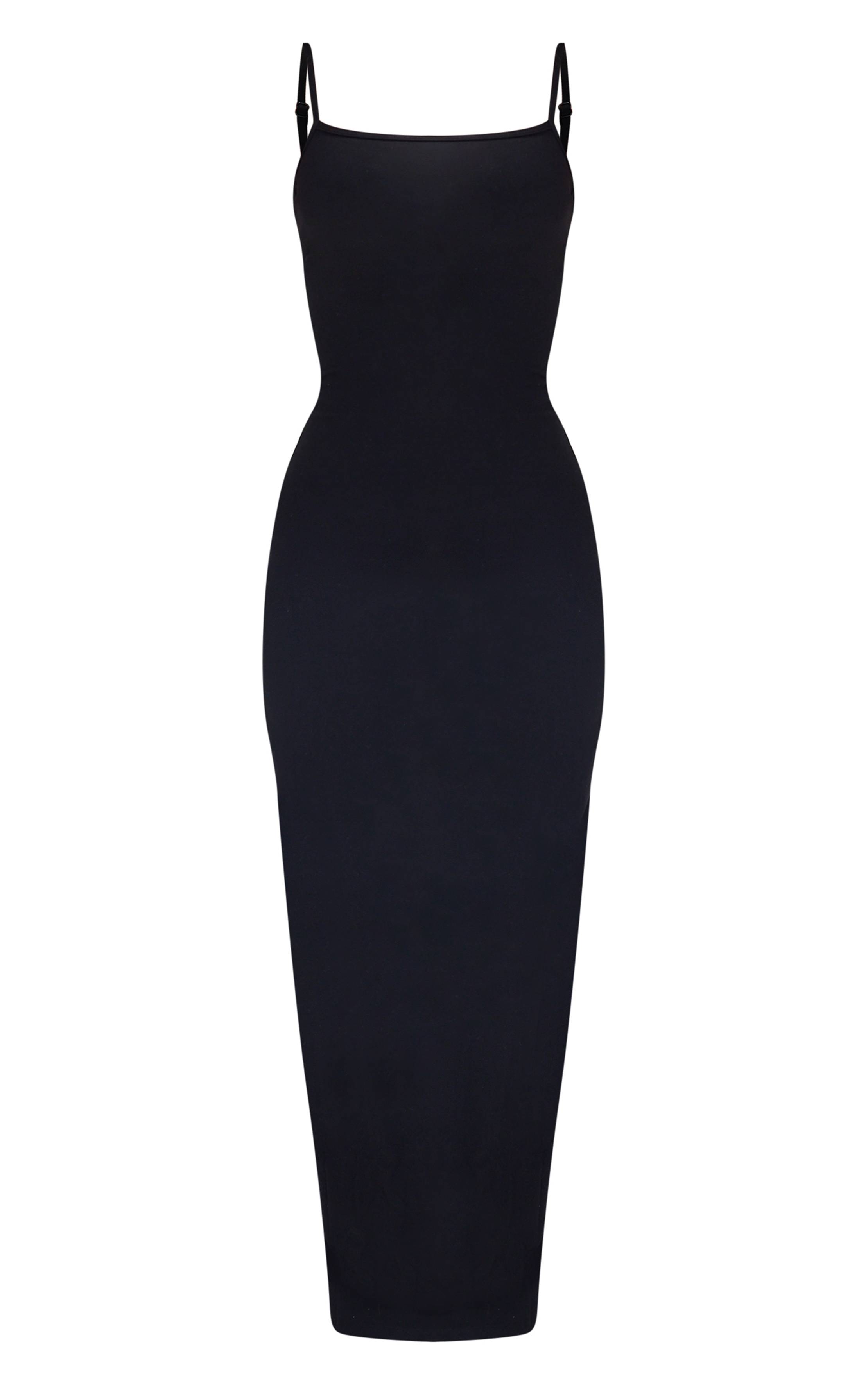 Noir Robe Longue Sculptante À Bretelles Contour Petite Taille