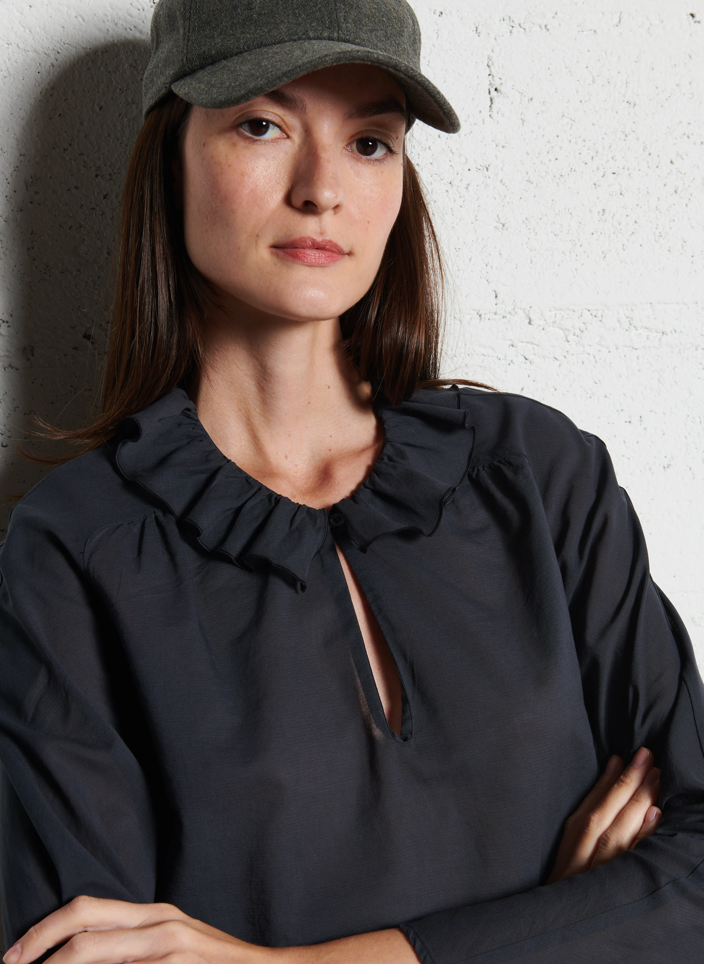 Blouse col rond en coton mélangé | Bleu