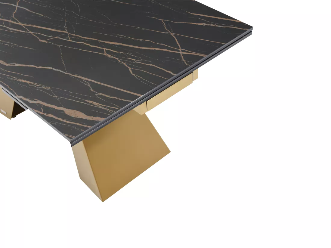 Table à manger extensible 6 à 10 personnes en verre trempé, céramique et métal - Effet marbre noir et doré - LOZIPA de Maison Céphy