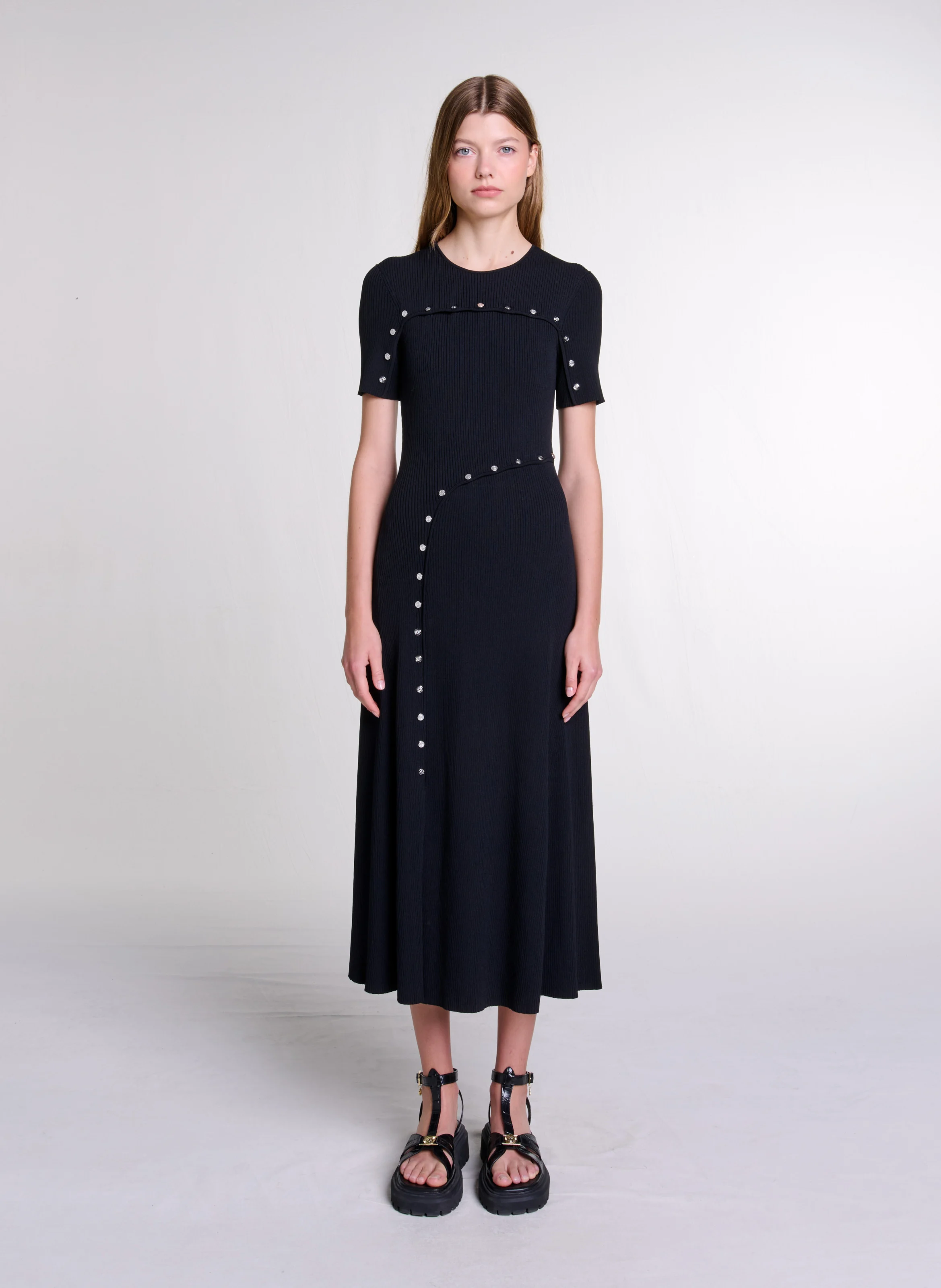 Robe longue col rond en maille | Noir