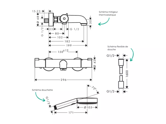 Pack mitigeur bain thermostatique HANSGROHE Ecostat 1001CL + Flexible Designflex+Pommeau Pulsify Select EcoSmart 105 3jets chromé
