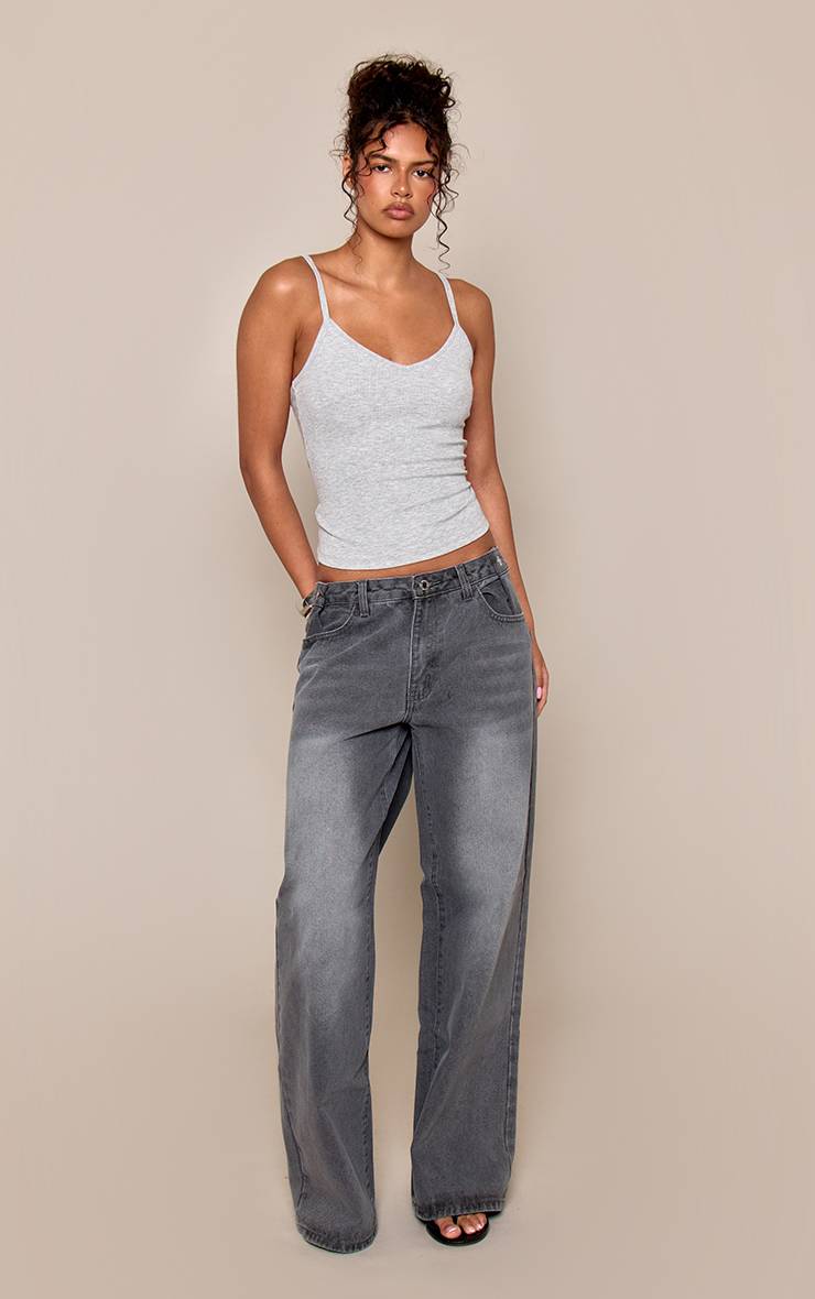 Washed Grey Jean Large À Détails Boutonnés