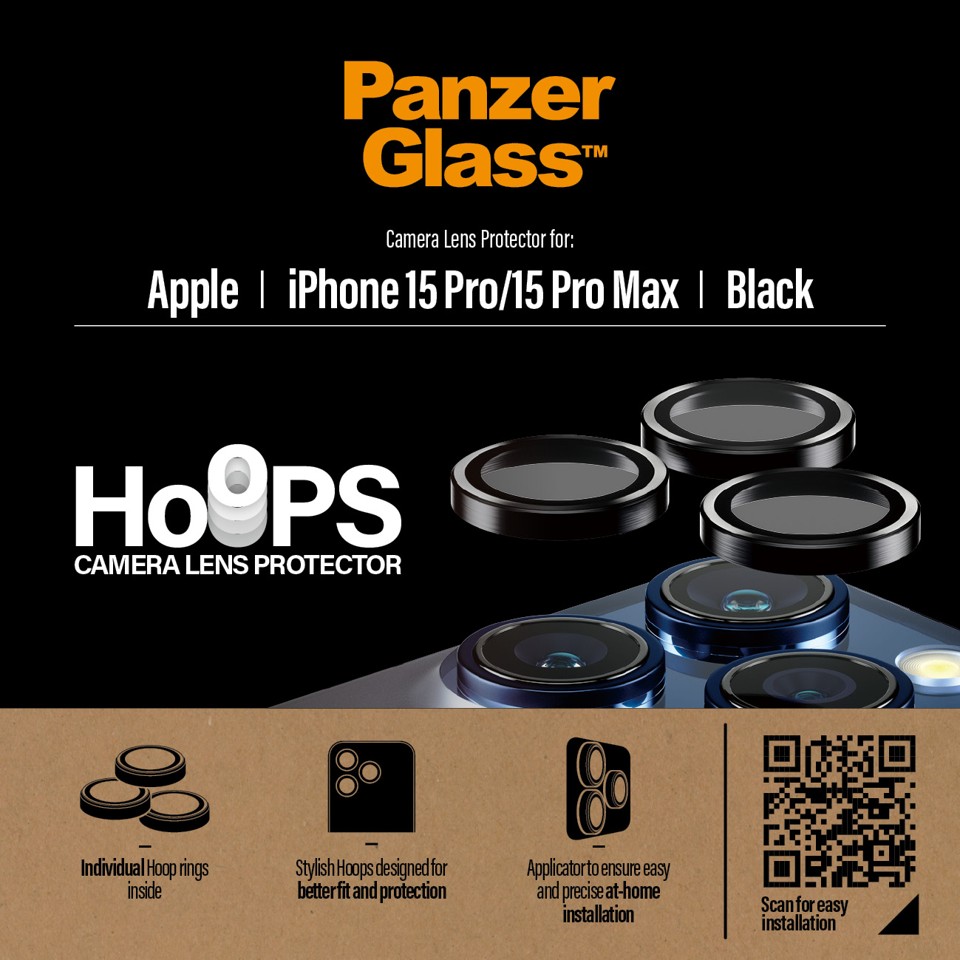 PanzerGlass™ - Hoops Kameralinsebeskytter iPhone 15 Pro - 15 Pro Max - Sort Metal