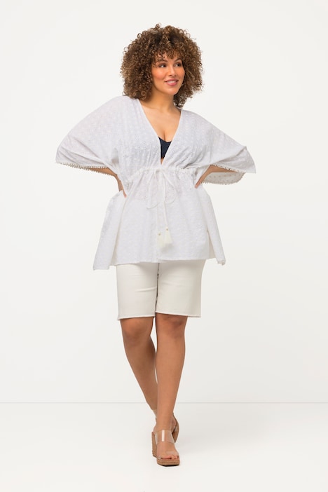 Kimono-Bluse, Lochspitze, Oversized, 3/4-Arm, Quasten