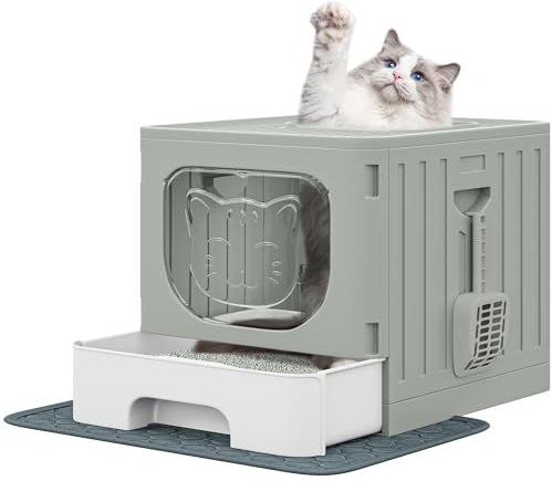 YITAHOME Kattenbak met deksel, grote afgesloten kattenbak, geurloos, anti-spatten kattentoilet met lade, bakschep, opvouwbare kattenbak met capuchon (grijs)