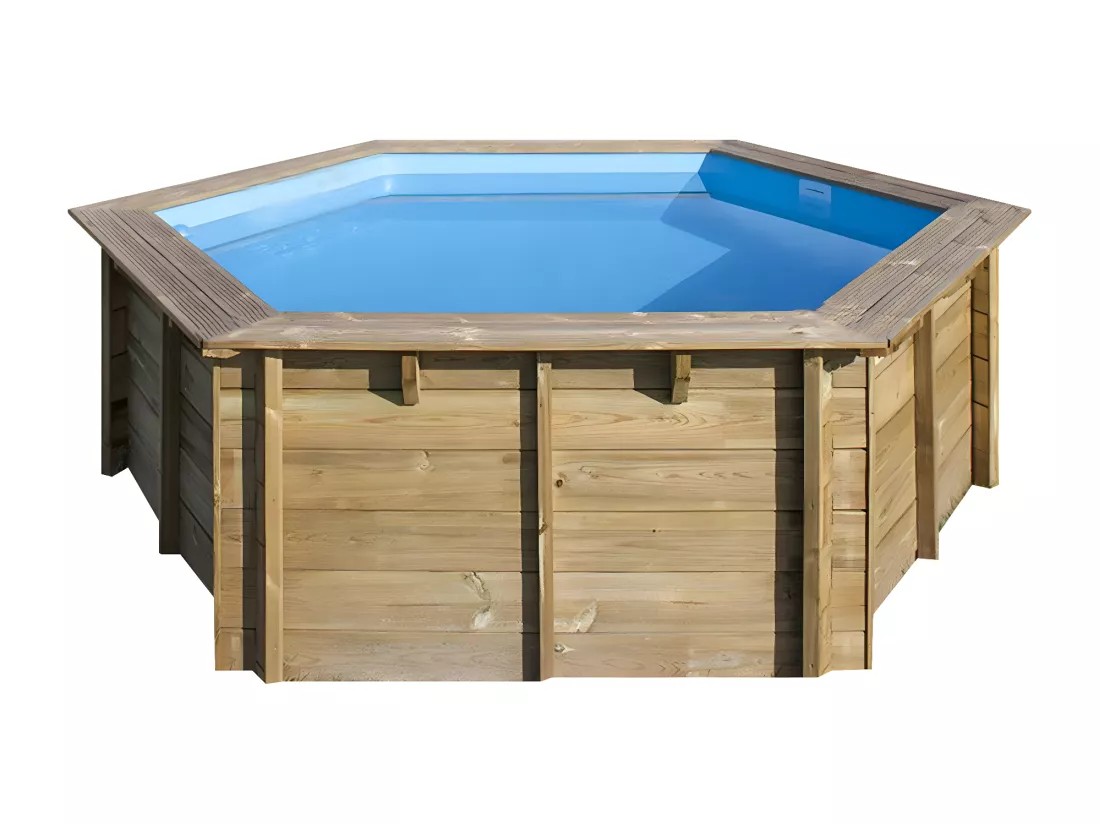 WATERCLIP - Piscine bois FSC hexagonale Ø395cm -v7.5m2 - Autoclave IV - Liner 60/100 - Rainurée languette - Filtration 4m3/h + Echelle - EWEN