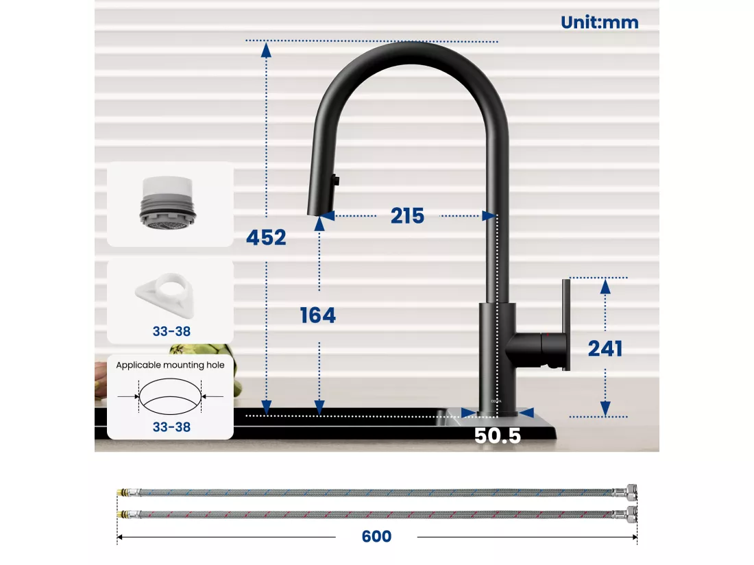 CECIPA MAX Évier 1 Bac 50*44cm Évier de Cuisine en Inox Noir Anthracite + Mitigeur de Cuisine Avec Douchette Extractible, 2 Modes de Sortie D'eau,Noir