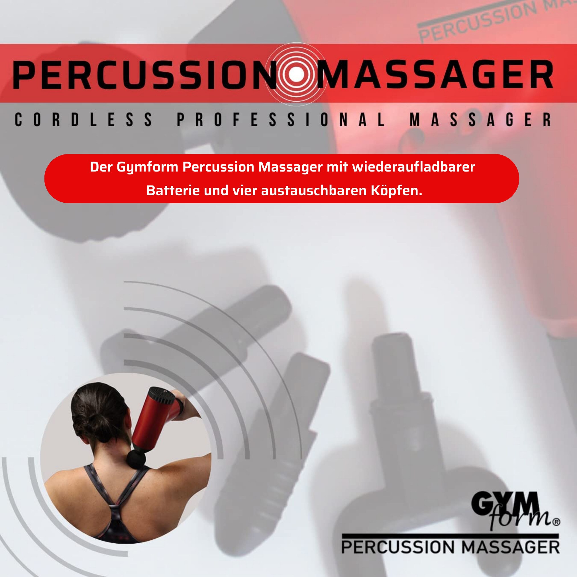 Gymform® Massagepistole Massage Gun mit 4 Massageköpfen Percussion Massager