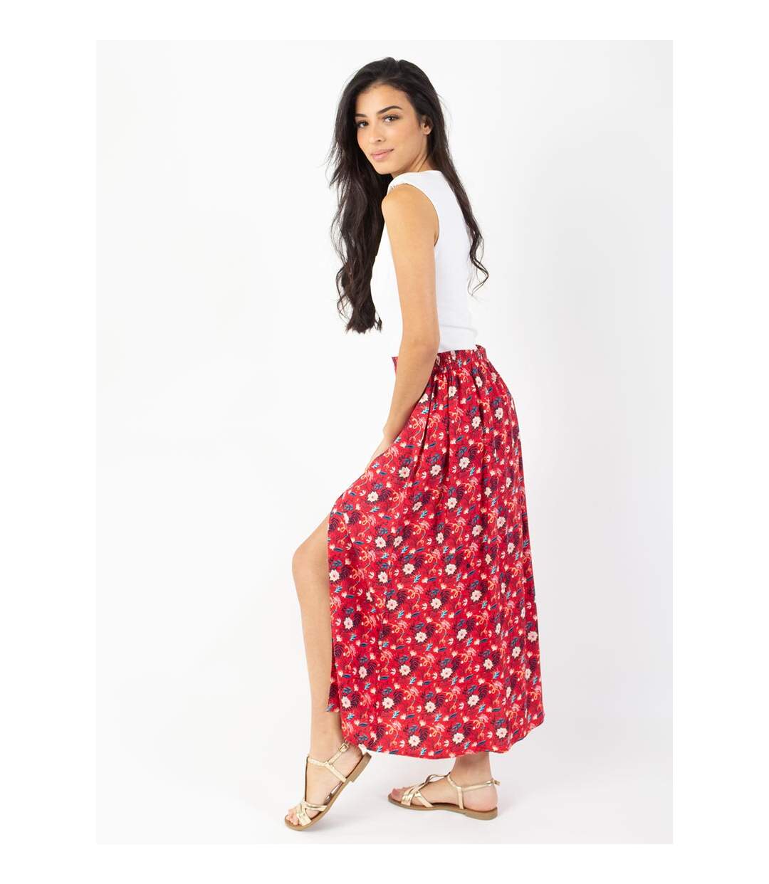 Jupe longue fendue boutonnée LIBERTY fleurie rouge Coton Du Monde