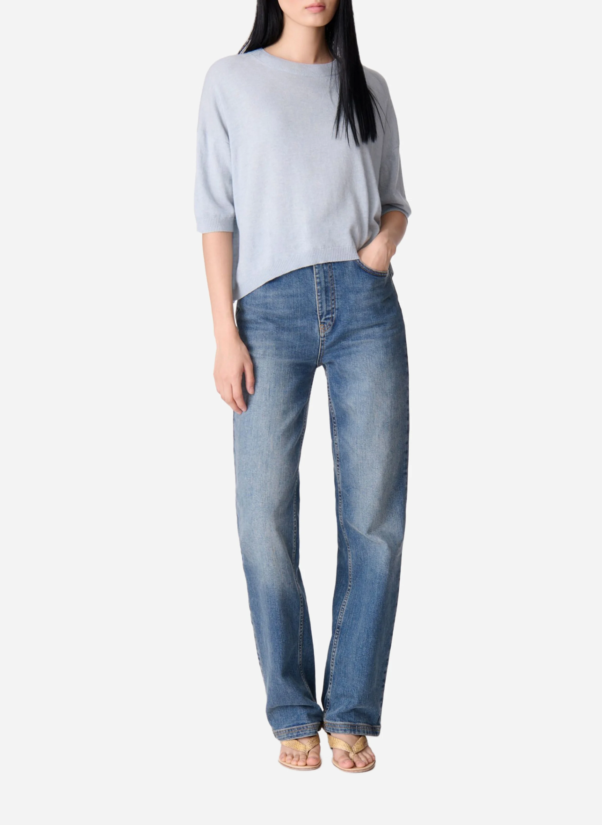 DELIAH - Pull droit col rond en laine mélangée | Bleu