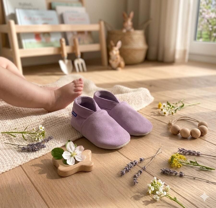 Stabifoot Babyslofjes Zacht Leer Cadeaudoos Linnen zakje Barefoot LAVANDE