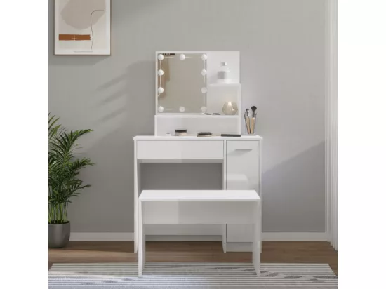 Ensemble de coiffeuse avec LED Blanc brillant Bois d'ingénierie