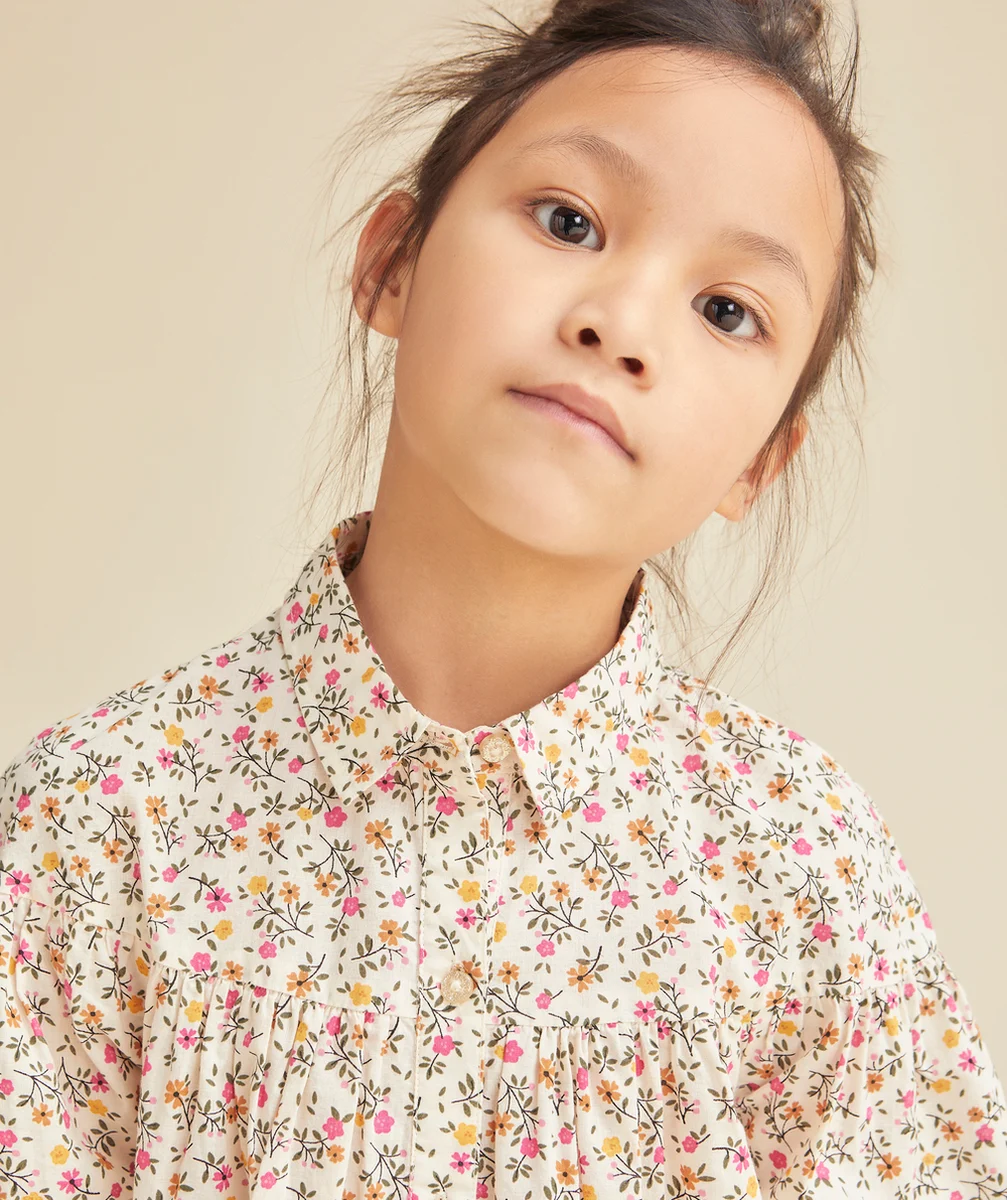 CHEMISE MANCHES LONGUES FILLE AVEC IMPRIMÉ FLEURI ET FRONCES