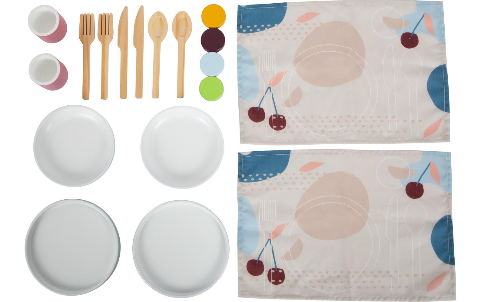 Spiel-Geschirr Set tastyModernes Geschirrset mit Tellern, Bechern, Besteck und Platzdeckchen für zwei Personen