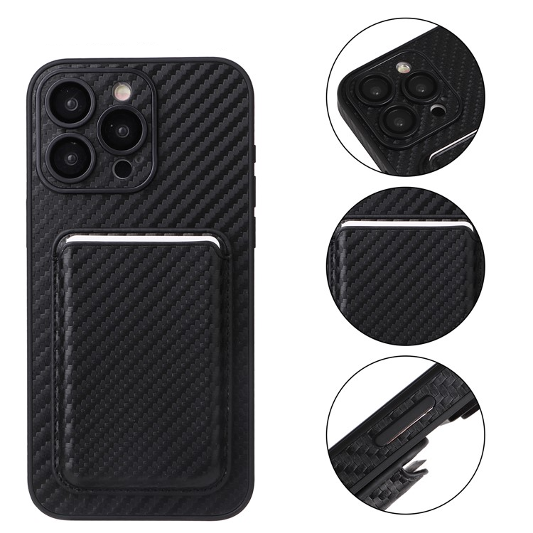 iPhone 15 Pro Max MagSafe 2in1 Leder Hülle Wallet Case mit Magnetischem Kreditkartenfach im Carbon Look - Schwarz
