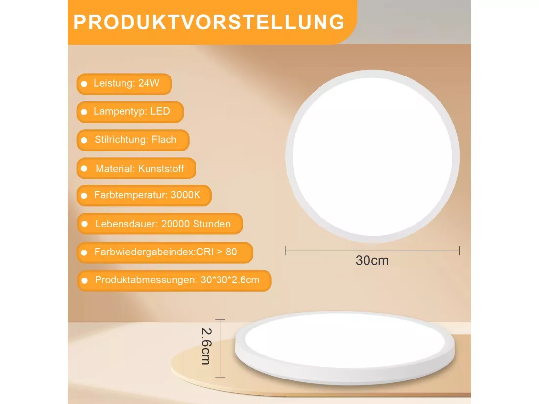 NETTLIFE Plafonnier LED Salle de bain Plat 30CM 24W Rond Blanc Plafonnier Cuisine Non-variable