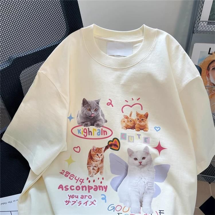 Bay Go Mall - T-shirt met korte mouwen, ronde hals en kattenprint