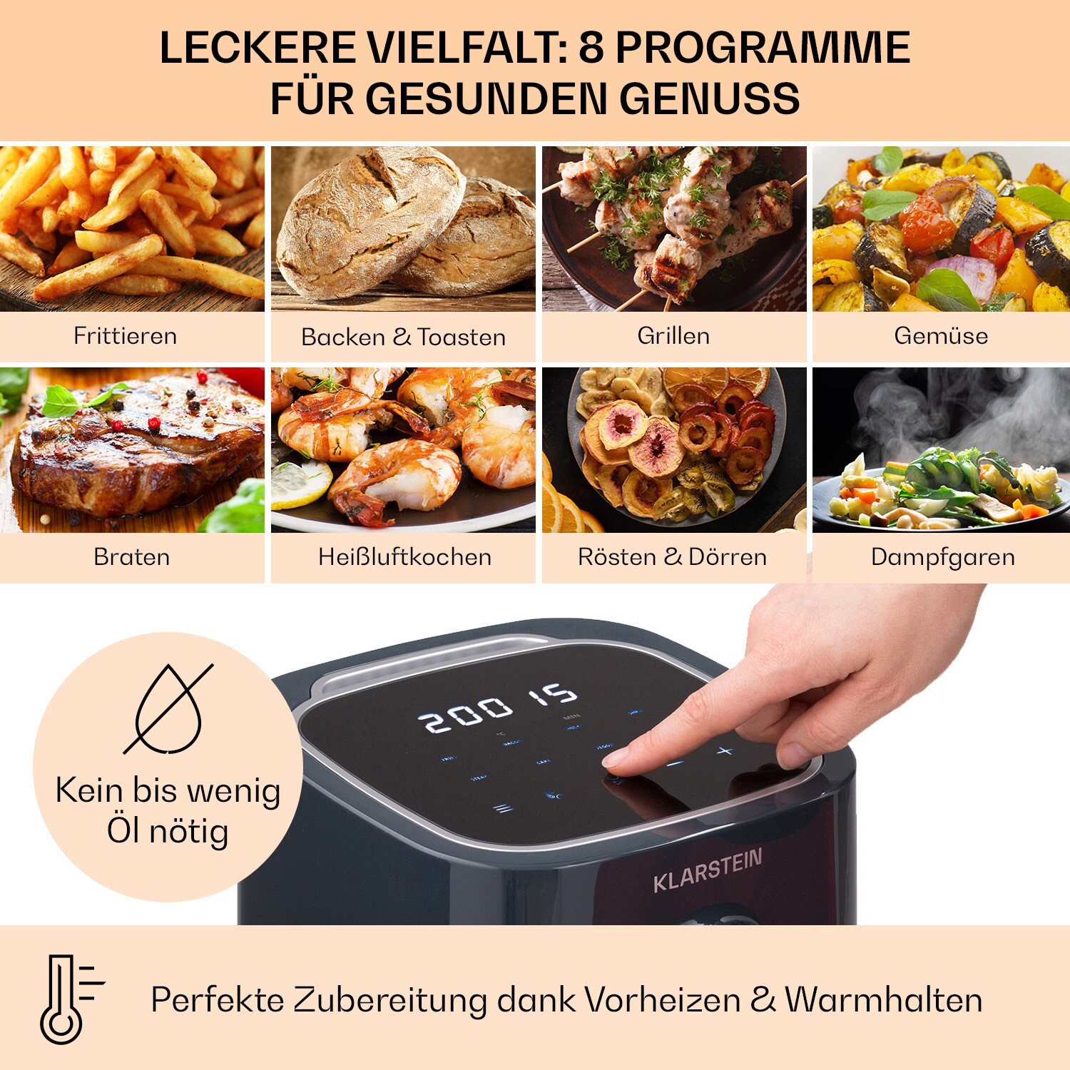 Crisp-Pro Heißluftfritteuse Air Fryer 1400W 2,8 Ltr Timer Edelstahl