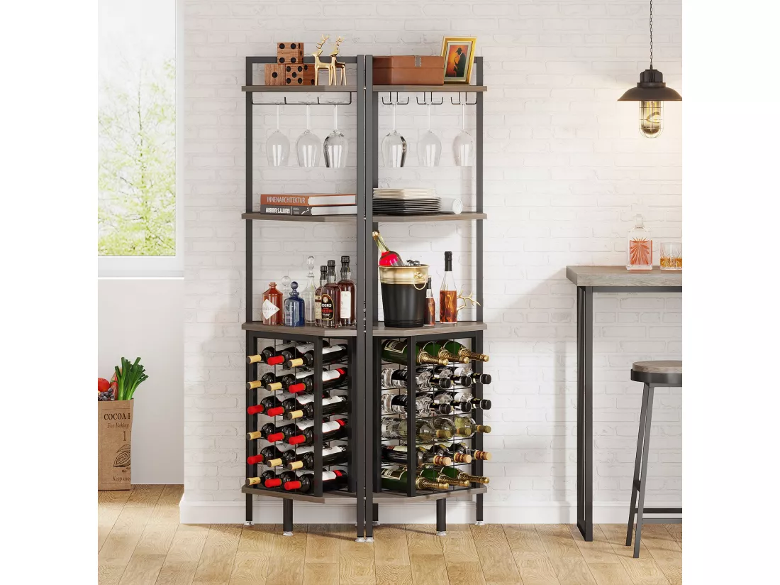 Casier à Vin, Étagère à vin d'angle avec Support en Verre et étagères de Rangement, Casier à vin Bouteilles pour Bar à vin, Cuisine, Salle à Manger, Gris