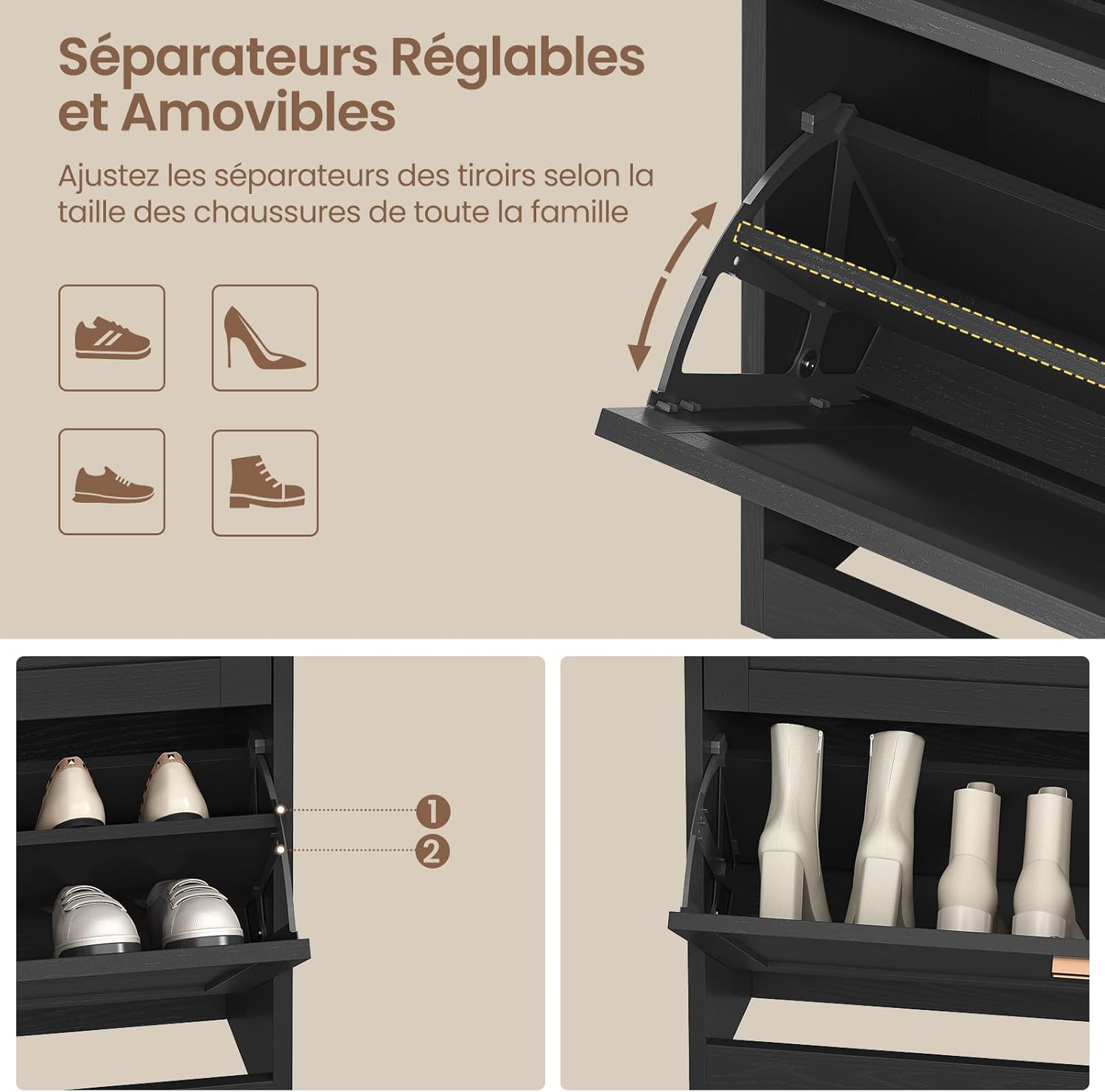 Meuble Chaussure Entrée, Porte Chaussures avec 4 Tiroirs Rabattables et Cloisons Réglables, 2 Tiroirs, Pour 16-24 Paires, Armoire à Chaussure pour Entrée, Couloir, Dressing, 24 x 100 x103 cm, Noir IB1609327