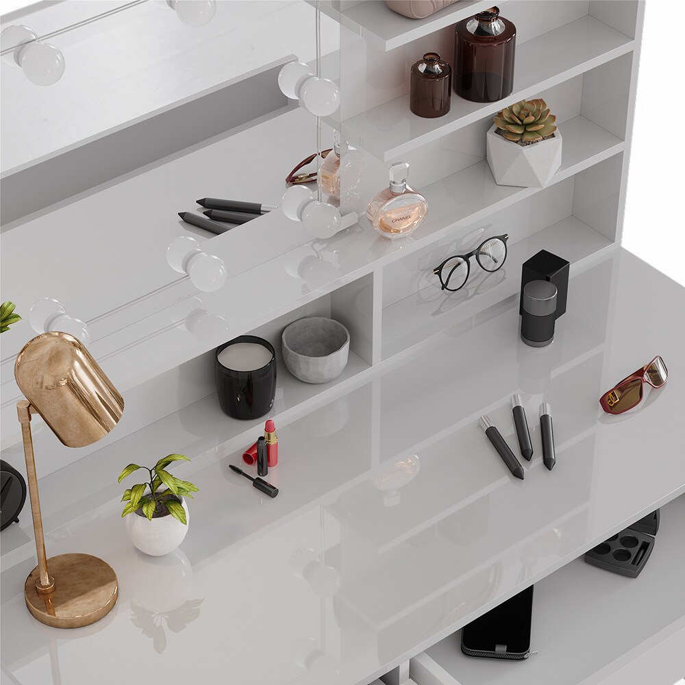 Vicco Schminktisch Sherry Weiß Hochglanz 120 x 75 cm Spiegelregal LED & Hocker