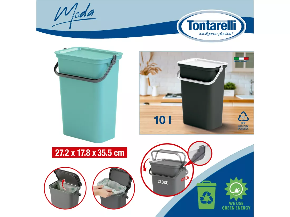 Set de 3 poubelles 10L sauge avec poignée 27,5X17,6X35,5
