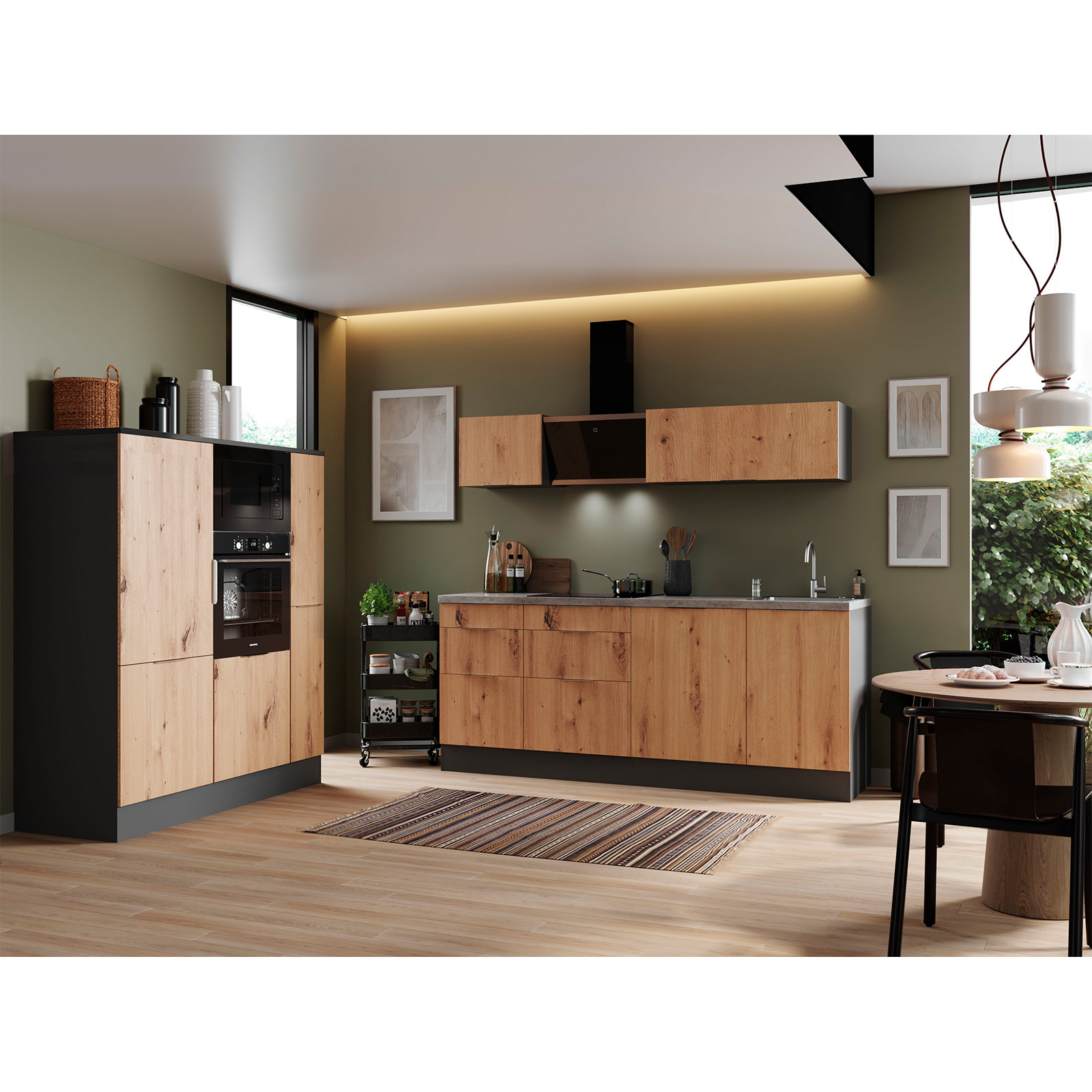 Küchenblock - Artisan Eiche - grau matt - mit E-Geräten - 370 cm