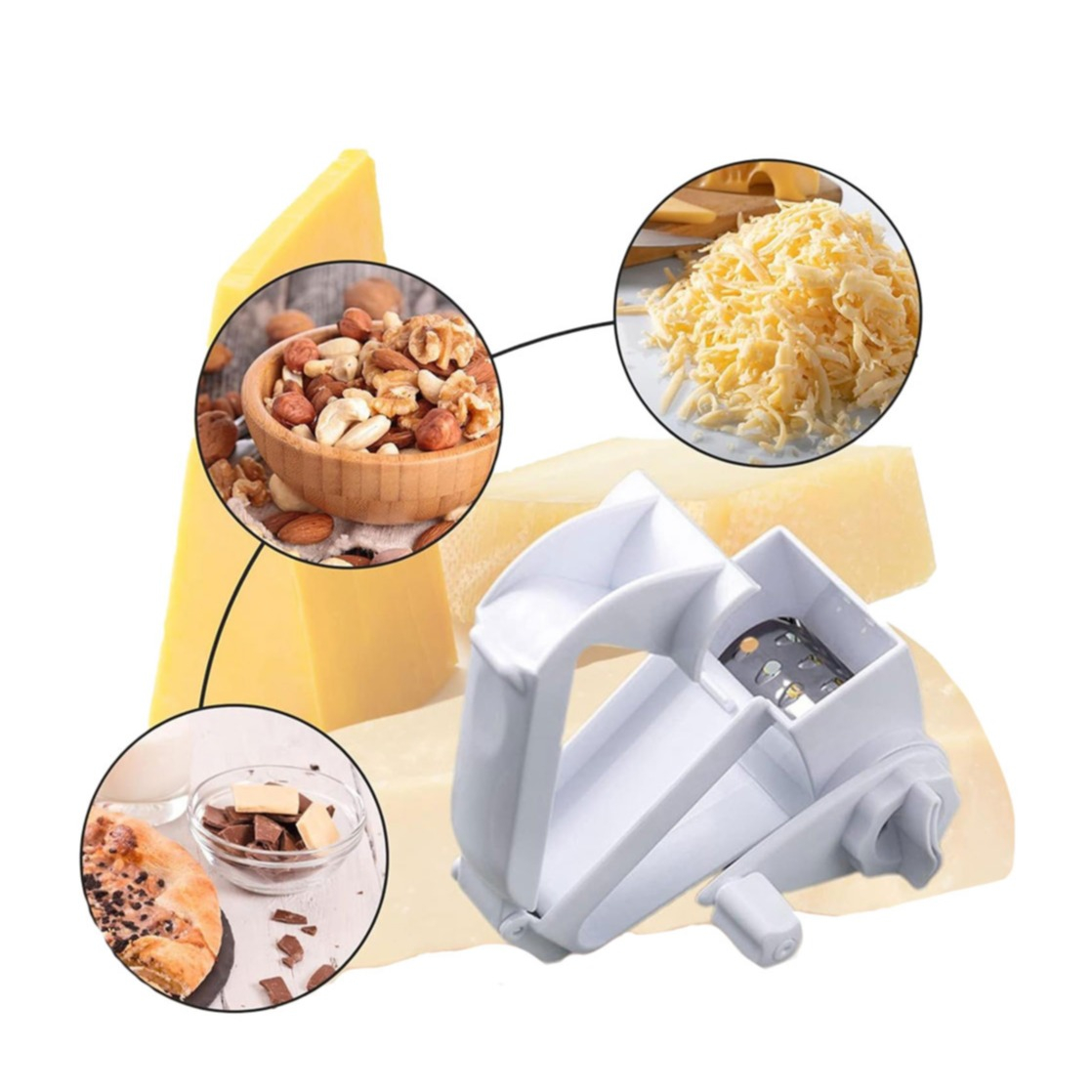 (27x6cm) 3in1 Käse Reibe Küchen Raspel Hobel mit Handkurbel Trommel für Parmesan / Schokolade / Nüsse - Weiss