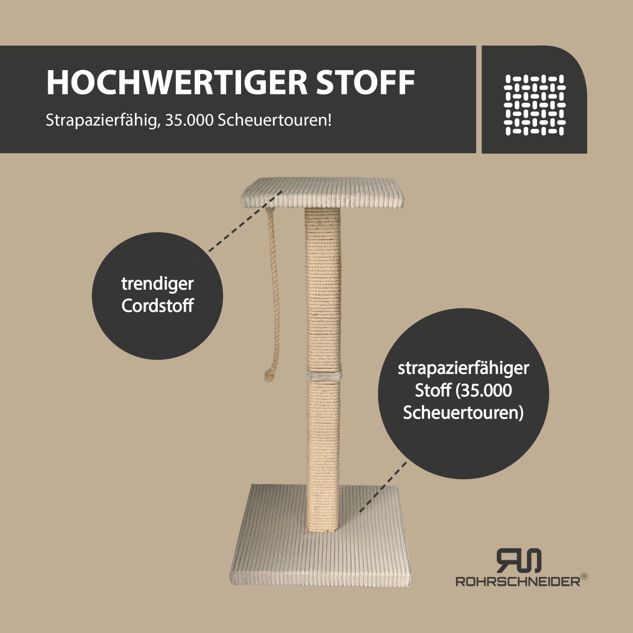 Rohrschneider ® Katzenbaum Emmi mit Vollholz-Holm und Gratis-Beigabe beige 45 cm, 77 cm, 45 cm
