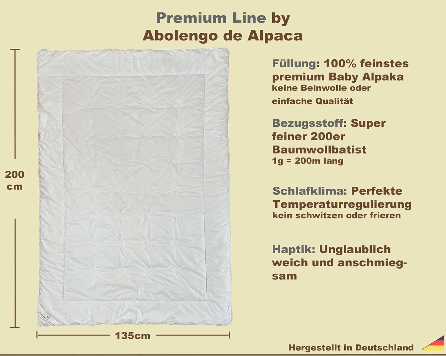 Alpaka Bettdecke Ganzjahresdecke, Premium Line, 100% Baby Alpaka Füllung (885g), Bezugsstoff: 200er Baumwollbatist, Temperaturregulierend, 135x200cm, Ideal für das ganze Jahr