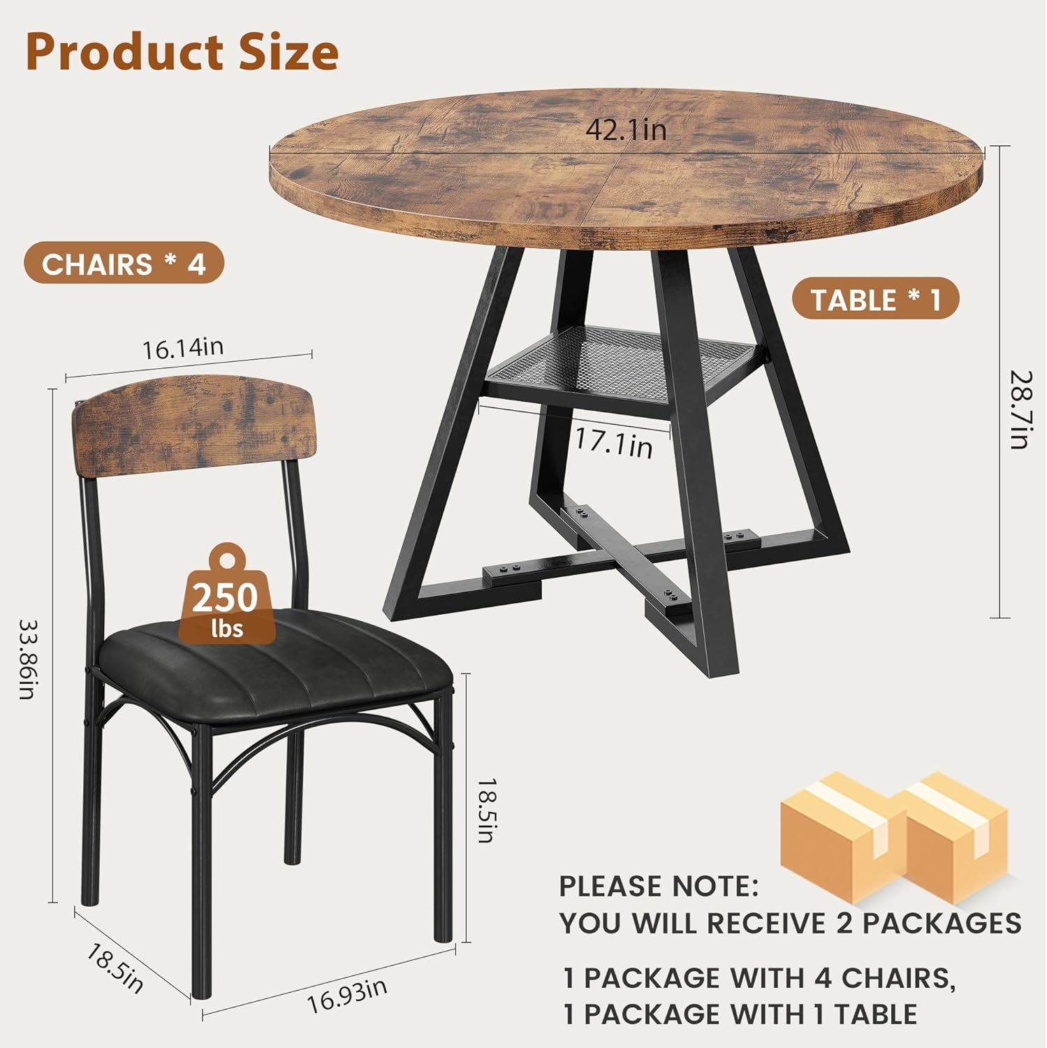 Runder Esstisch und 4 Esszimmerstühle Set, Essgruppe 5-Teilig, Esszimmertisch mit Ablage und 4 stühle, platzsparender Küchentisch aus Holz im Industrial Design (Vintage Braun, 107x107x76cm)