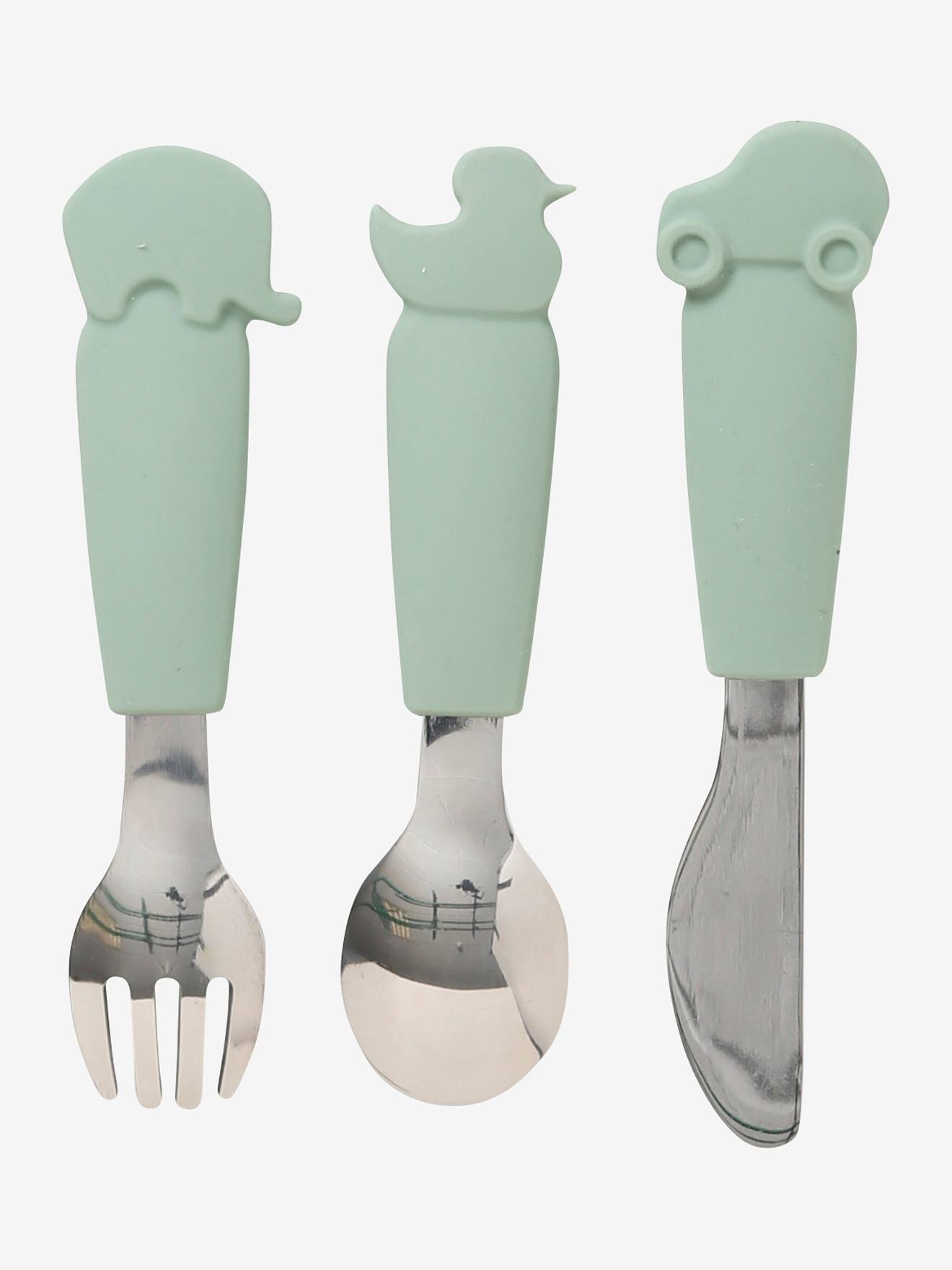 Conjunto de talheres infantis em silicone e aço inoxidável (3 peças), cor marrom claro lisa.