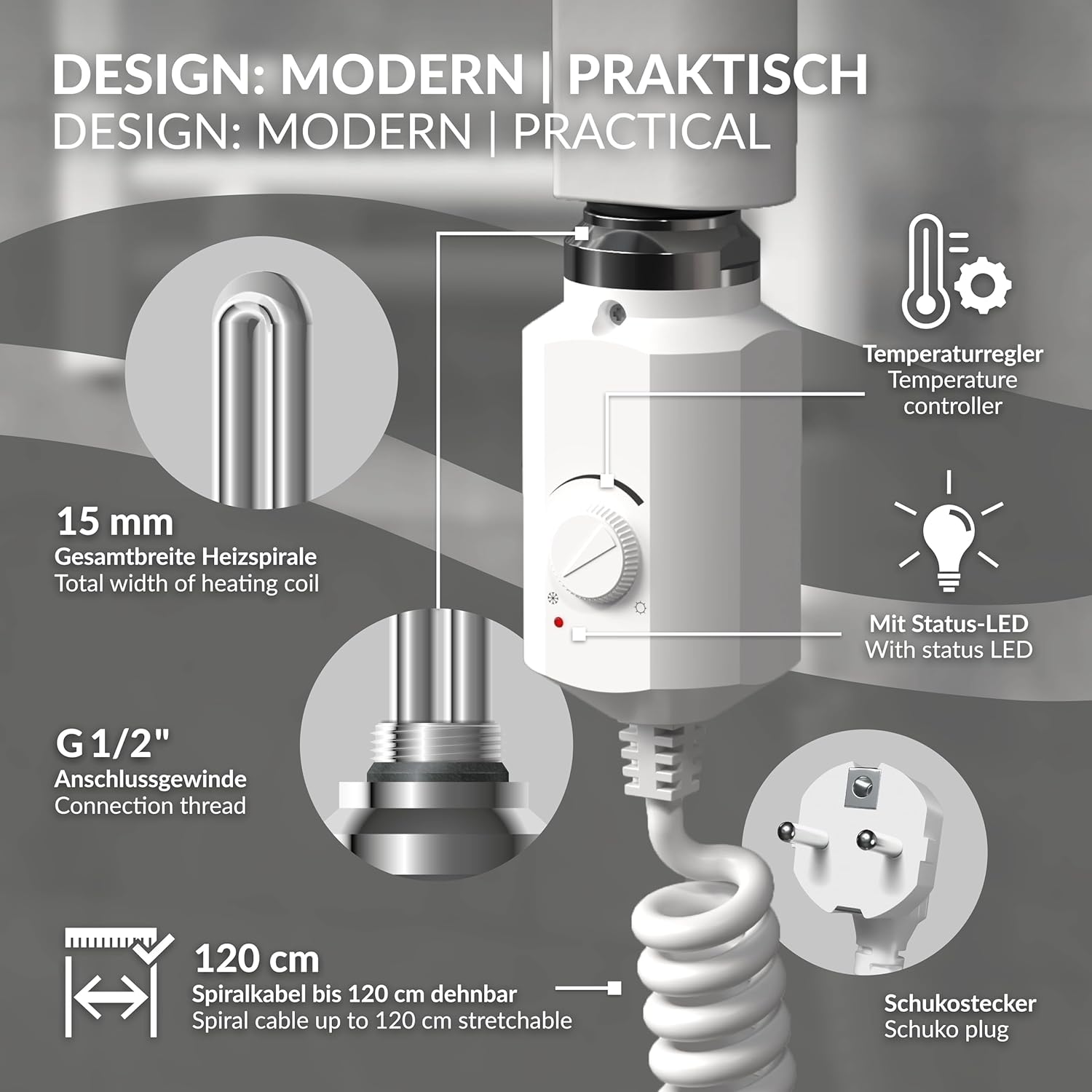 ECD Germany Badheizkörper Elektrisch 500 x 800 mm mit Heizstab 600W ECO Weiß gebogen mit Seitenanschluss - Design Heizkörper Handtuchwärmer Handtuchtrockner Handtuchheizkörper Handtuchheizung Heizung