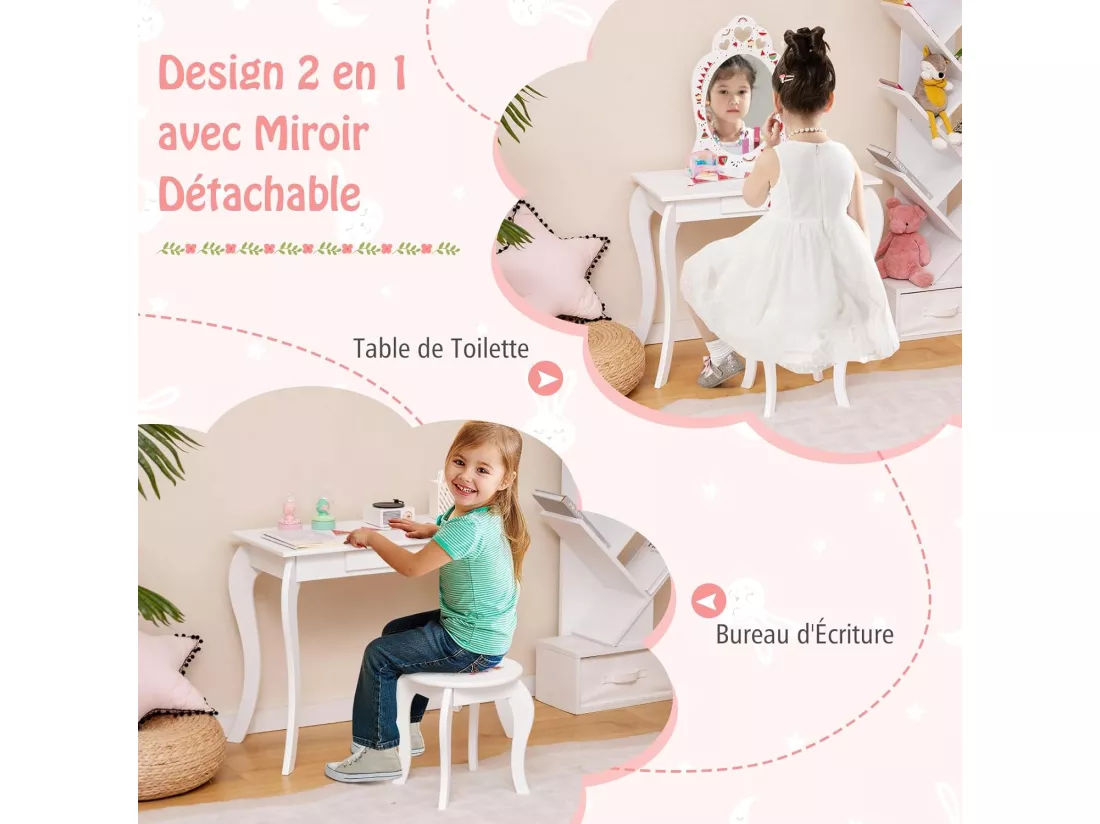 2 en 1 Coiffeuse Enfants avec Tabouret & Miroir Princesse Amovible, Table de Maquillage avec Tiroir & Motif de Pastèque, Dispositif Anti-basculement, Charge 30/50kg pour Fille de 3 Ans+